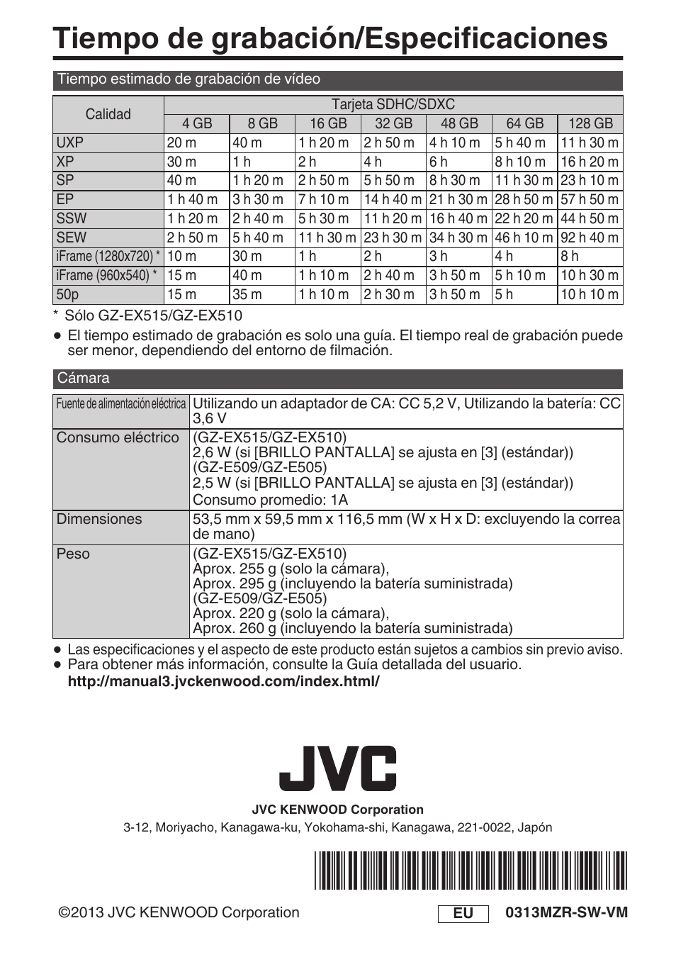 Tiempo de grabación/especificaciones | JVC GZ-EX515 User Manual | Page 36 / 100
