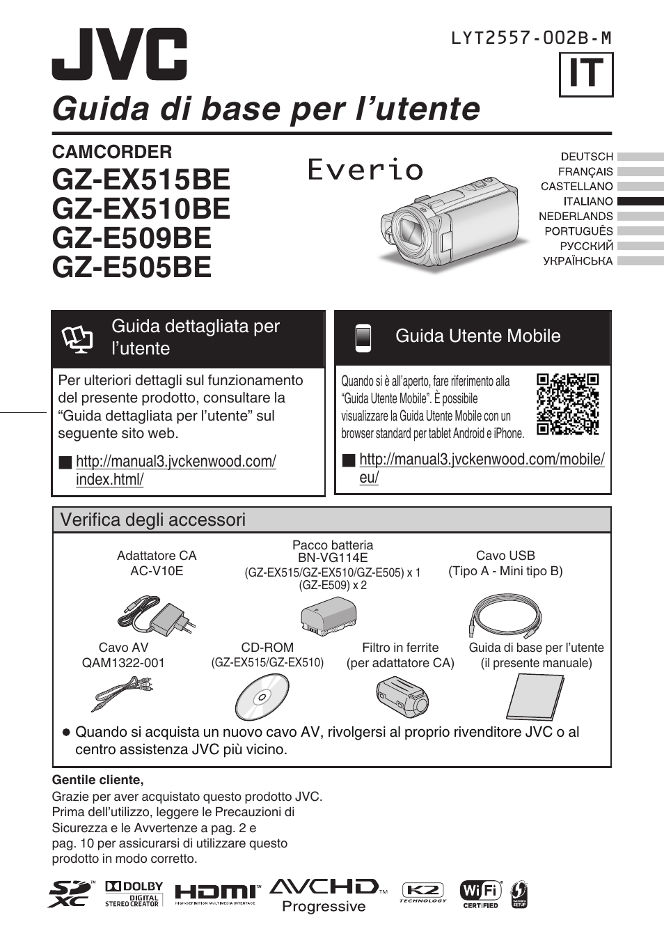 Italiano, Guida di base per l’utente | JVC GZ-EX515 User Manual | Page 37 / 100