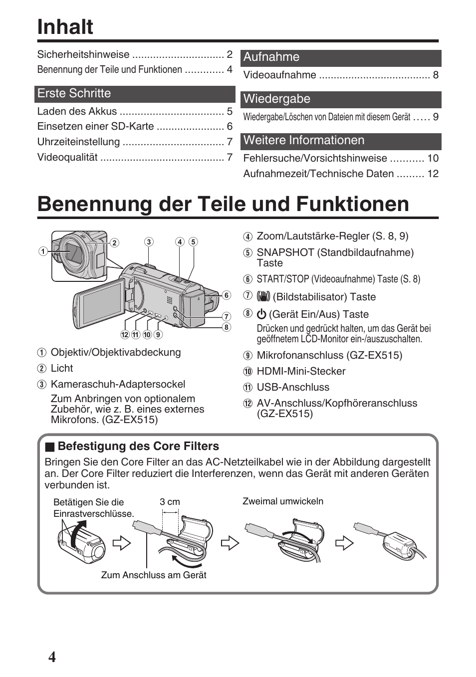 Benennung der teile und funktionen, Inhalt | JVC GZ-EX515 User Manual | Page 4 / 100