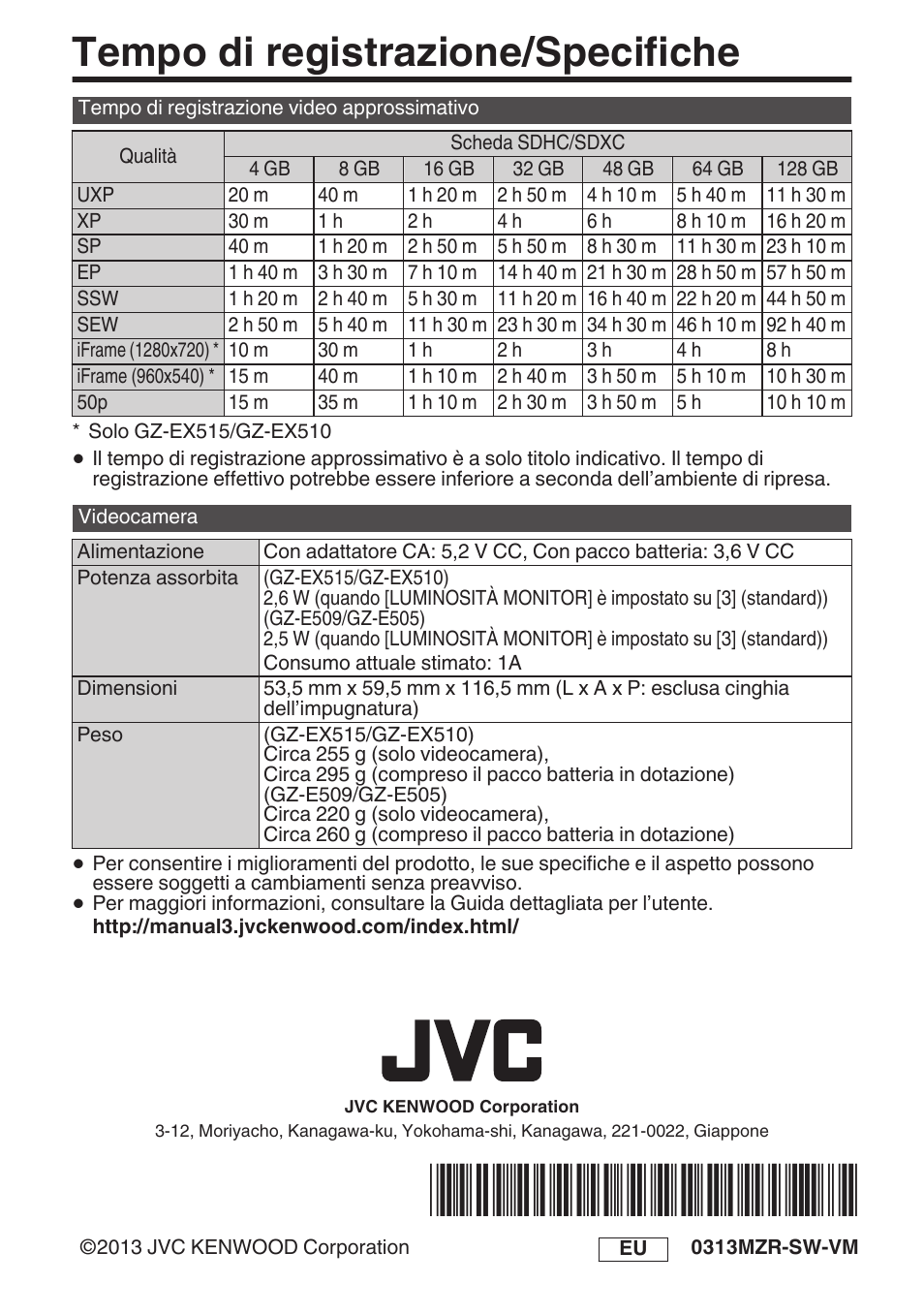 Tempo di registrazione/specifiche | JVC GZ-EX515 User Manual | Page 48 / 100