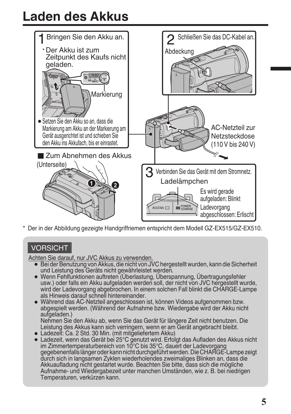 Laden des akkus | JVC GZ-EX515 User Manual | Page 5 / 100