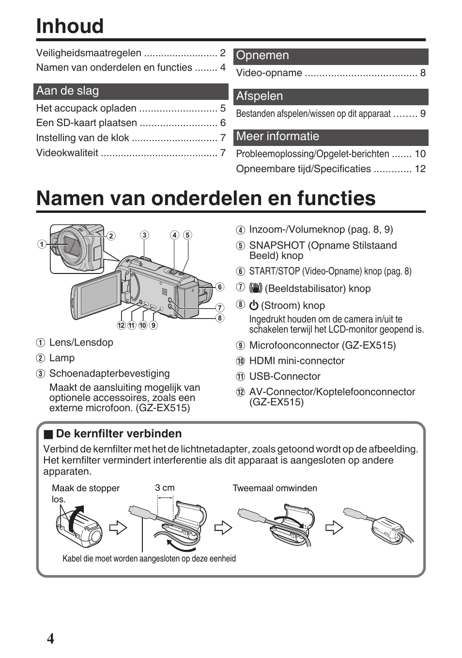 Namen van onderdelen en functies, Inhoud | JVC GZ-EX515 User Manual | Page 52 / 100