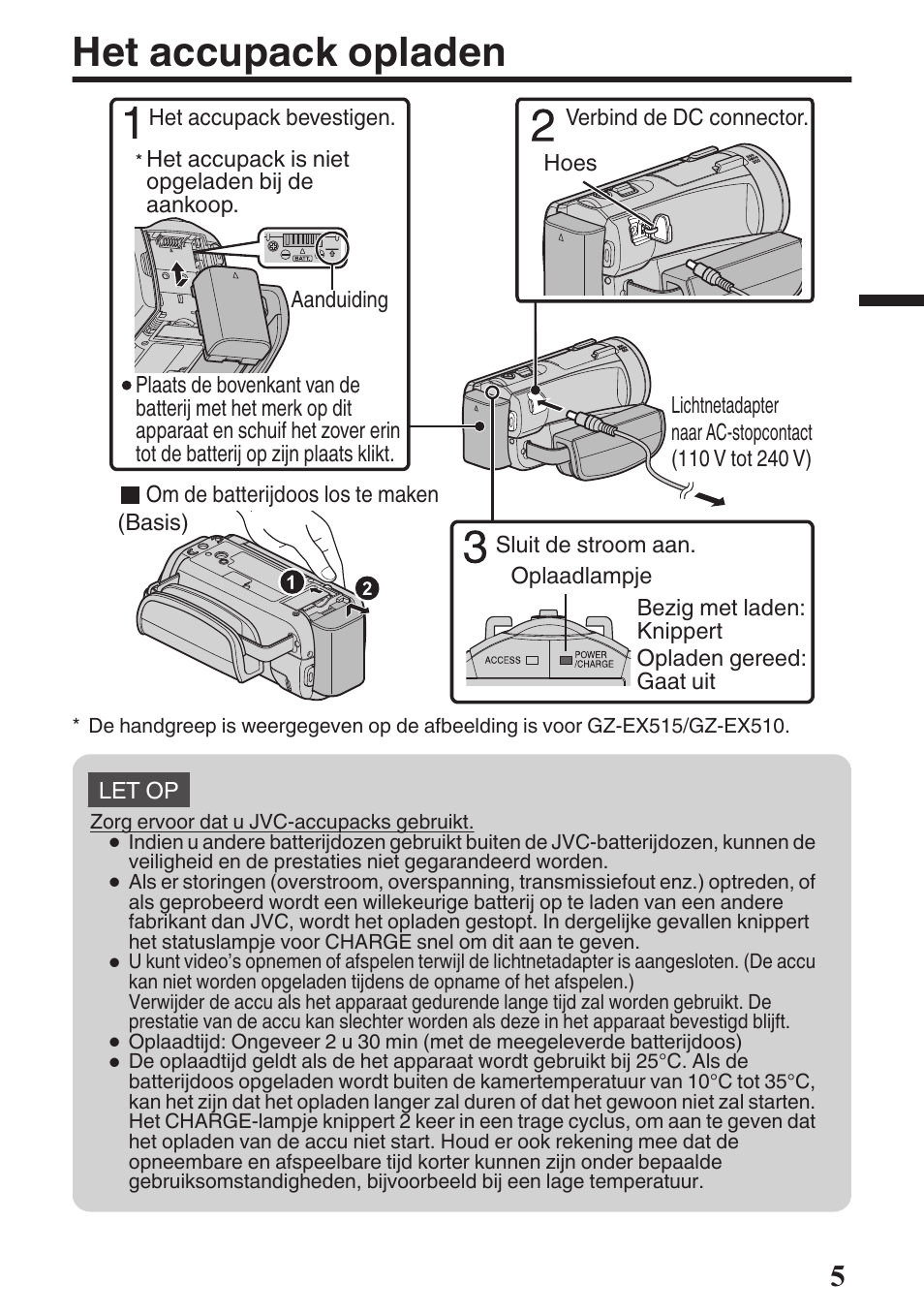 Het accupack opladen | JVC GZ-EX515 User Manual | Page 53 / 100