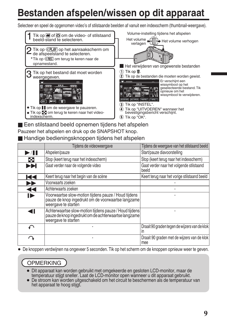 Bestanden afspelen/wissen op dit apparaat, Een stilstaand beeld opnemen tijdens het afspelen, Handige bedieningsknoppen tijdens het afspelen | Opmerking | JVC GZ-EX515 User Manual | Page 57 / 100