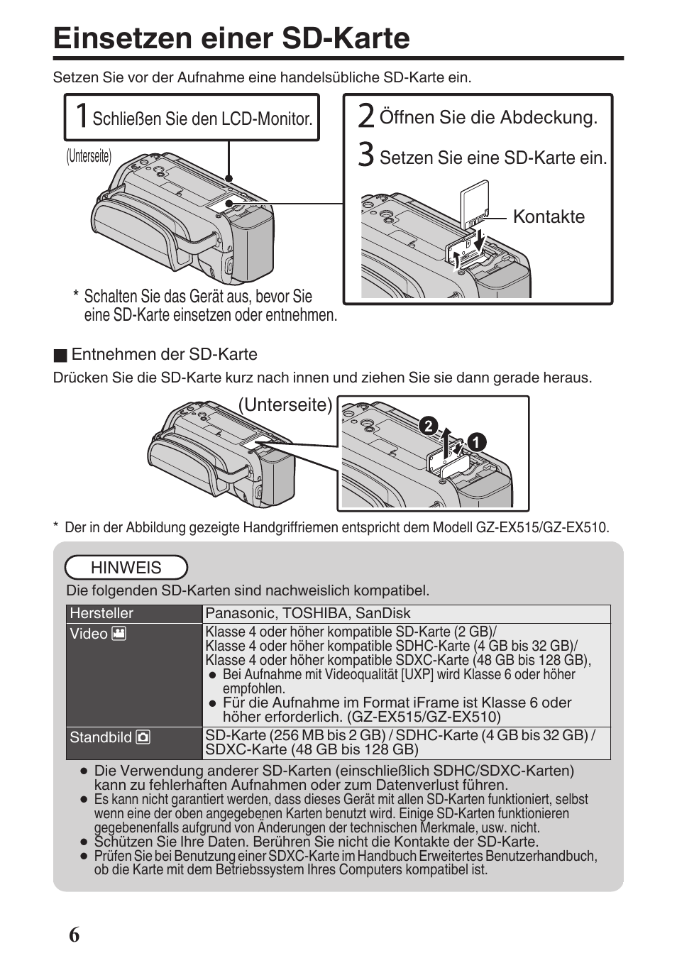 Einsetzen einer sd-karte | JVC GZ-EX515 User Manual | Page 6 / 100