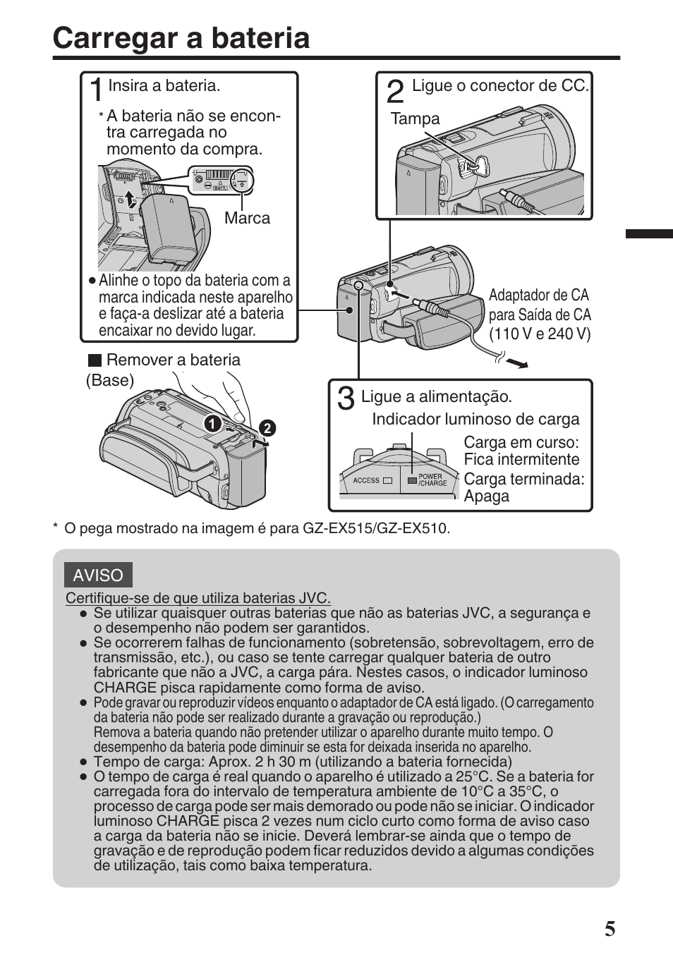 Carregar a bateria | JVC GZ-EX515 User Manual | Page 65 / 100