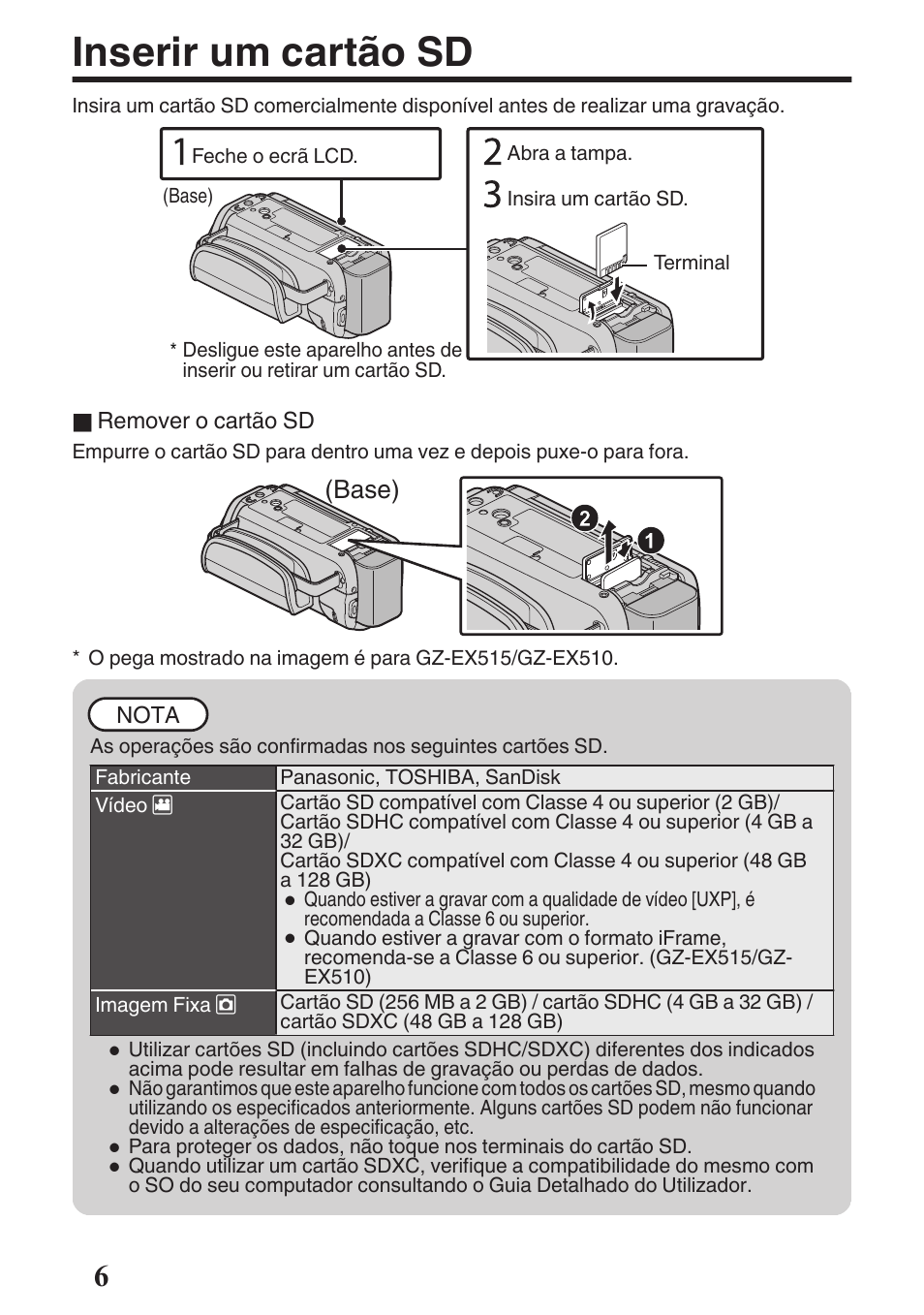 Inserir um cartão sd, Base) | JVC GZ-EX515 User Manual | Page 66 / 100