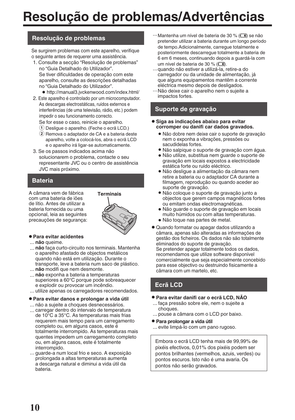 Resolução de problemas/advertências | JVC GZ-EX515 User Manual | Page 70 / 100