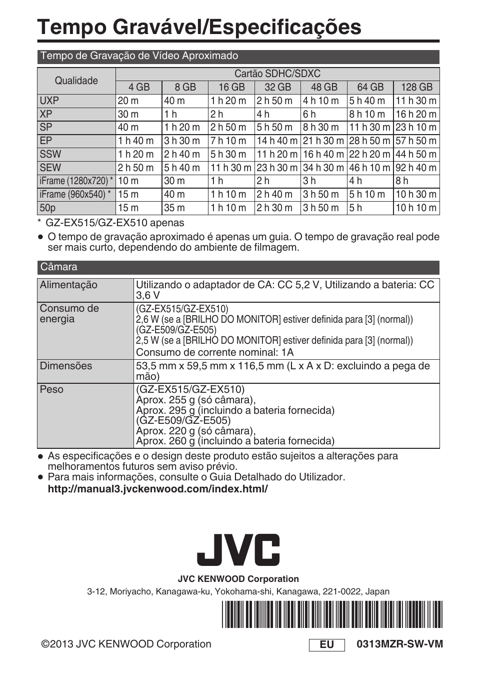 Tempo gravável/especificações | JVC GZ-EX515 User Manual | Page 72 / 100