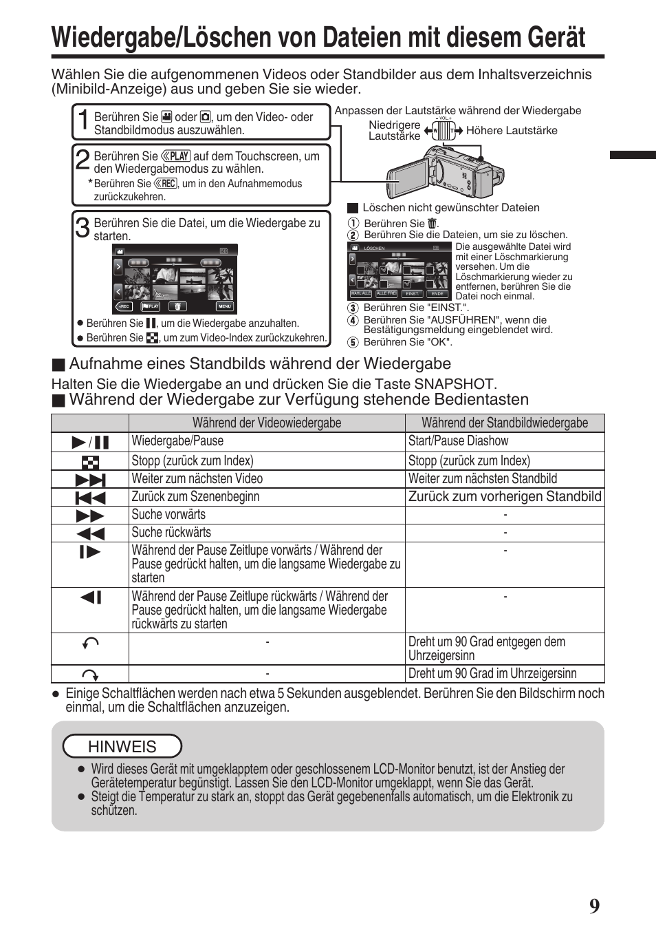 Wiedergabe/löschen von dateien mit diesem gerät, Aufnahme eines standbilds während der wiedergabe, Hinweis | JVC GZ-EX515 User Manual | Page 9 / 100