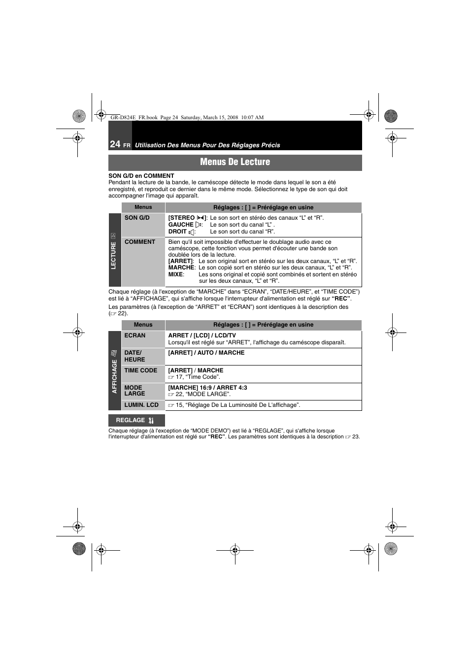 Menus de lecture | JVC GR-D824 User Manual | Page 104 / 120