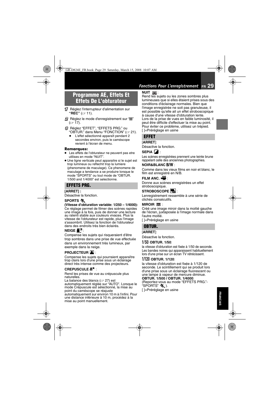 Est réglé sur “pr, Programme ae, effets et effets de l'obturateur | JVC GR-D824 User Manual | Page 109 / 120