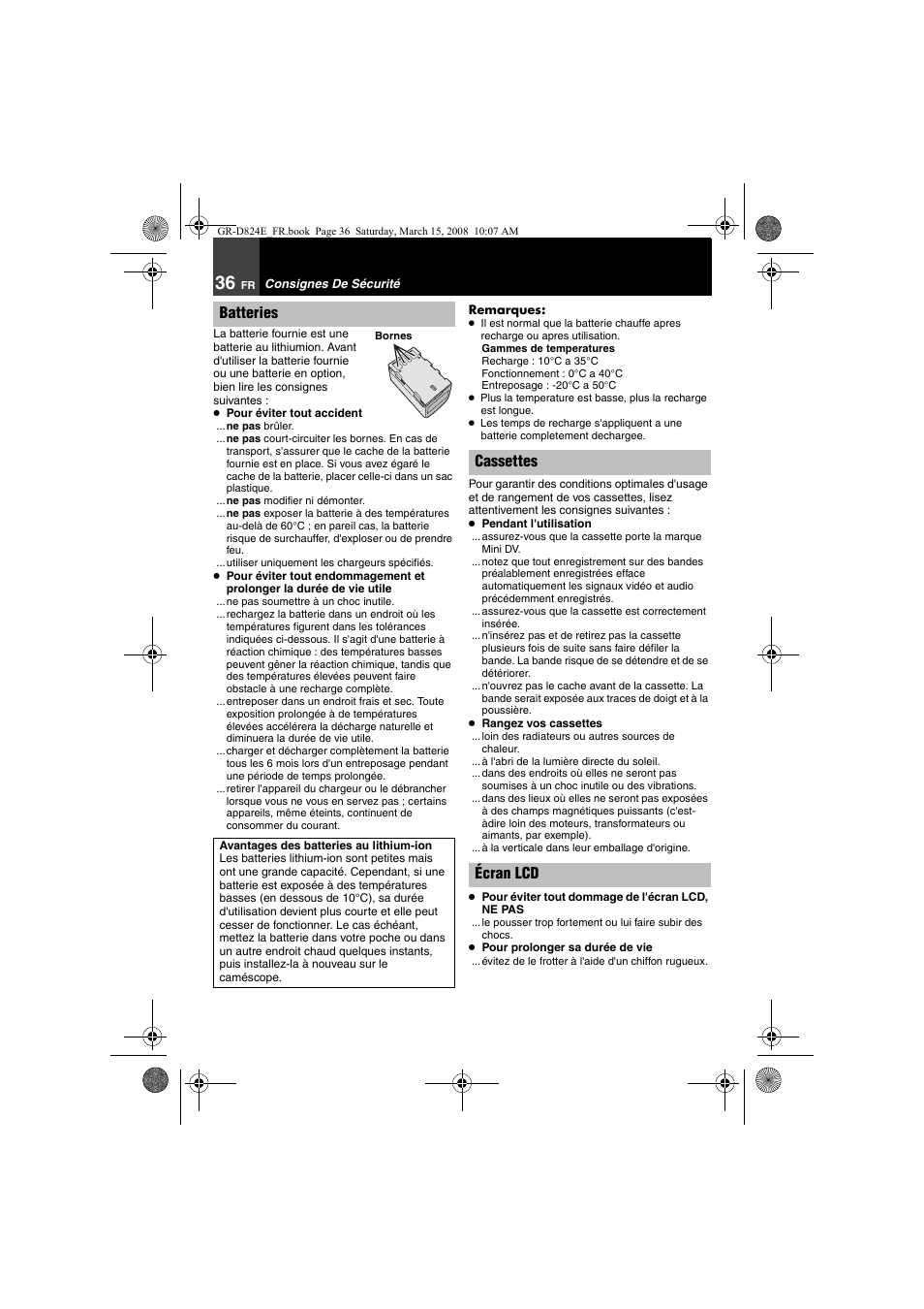 Consignes de sécurité, Batteries, Cassettes écran lcd | JVC GR-D824 User Manual | Page 116 / 120