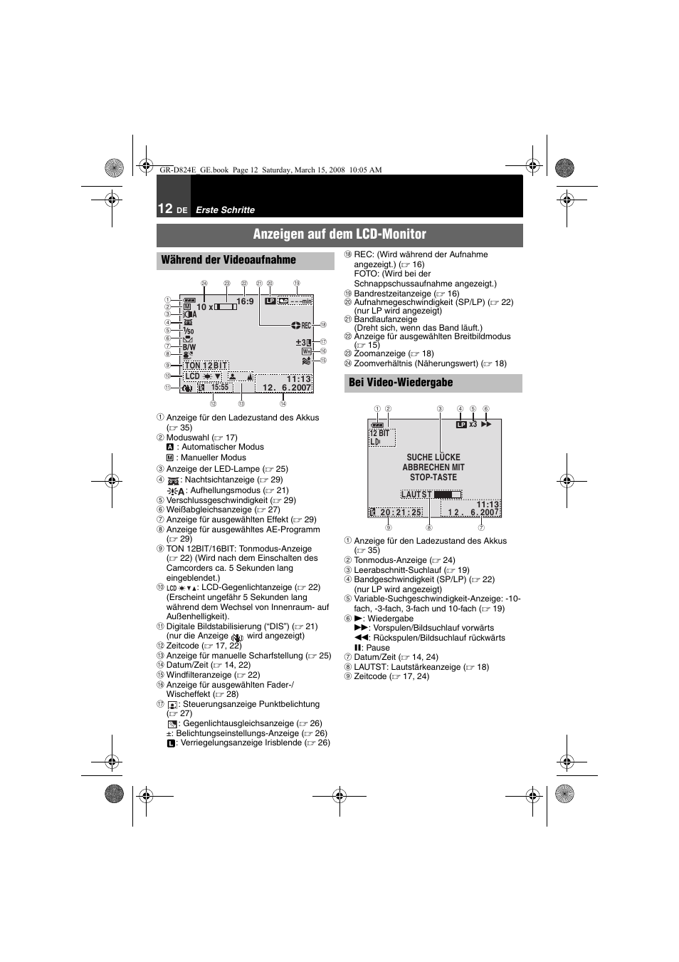 Anzeigen auf dem lcd-monitor | JVC GR-D824 User Manual | Page 12 / 120