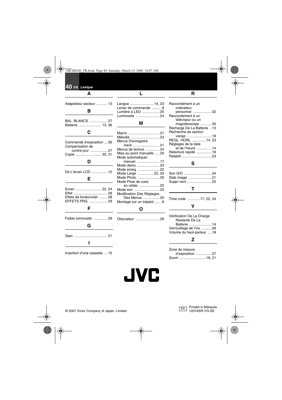 Lexique | JVC GR-D824 User Manual | Page 120 / 120