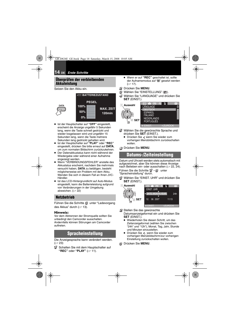 Spracheinstellung, 14 datums-/zeiteinstellung, Datums-/zeiteinstellung | JVC GR-D824 User Manual | Page 14 / 120