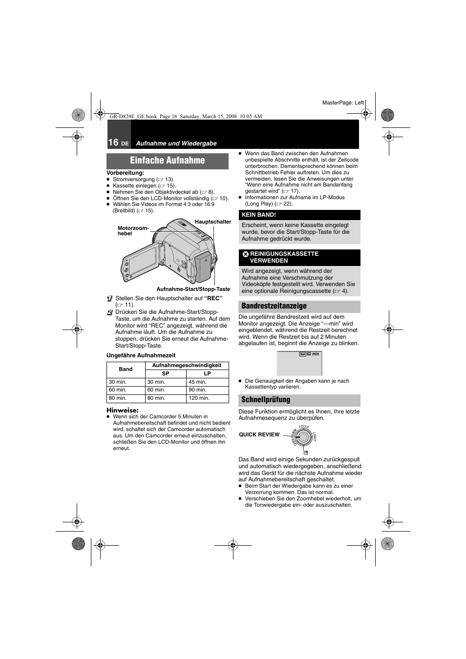 Aufnahme und wiedergabe, Einfache aufnahme, Bandrestzeitanzeige | 16 schnellprüfung, Uick review | JVC GR-D824 User Manual | Page 16 / 120