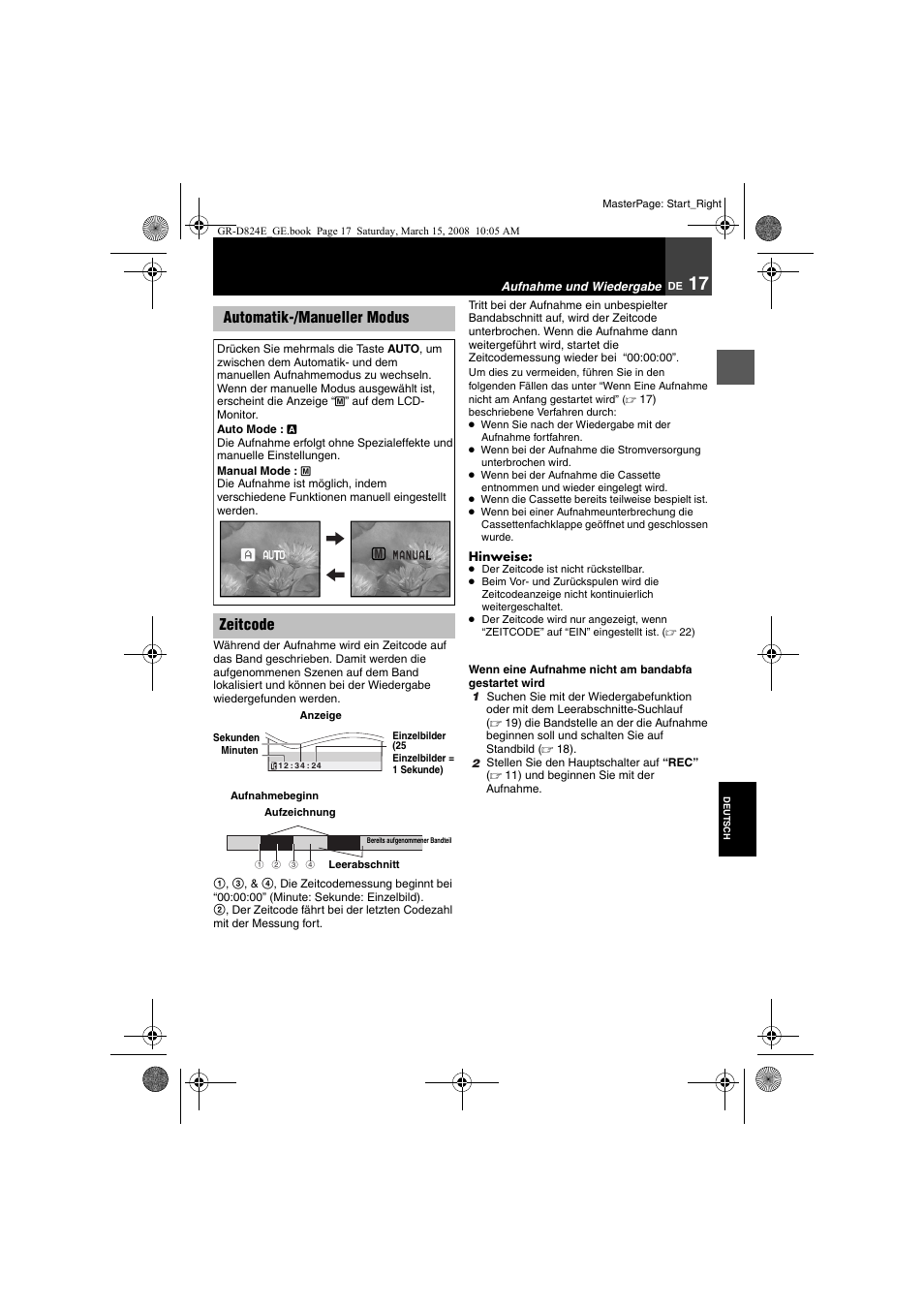 Automatik-/manueller modus, 17 zeitcode, Automatik-/manueller modus zeitcode | JVC GR-D824 User Manual | Page 17 / 120