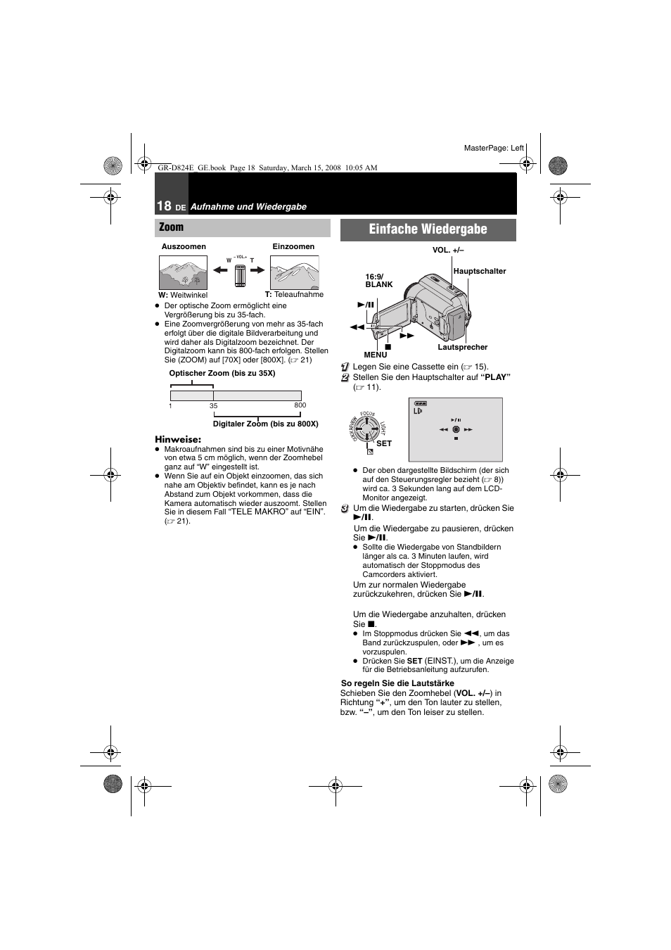 Zoom, Einfache wiedergabe | JVC GR-D824 User Manual | Page 18 / 120