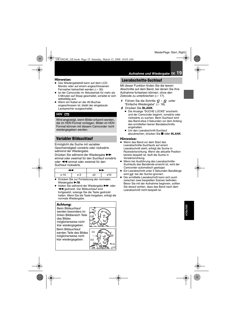 Variabler bildsuchlauf, 19 leerabschnitte-suchlauf | JVC GR-D824 User Manual | Page 19 / 120