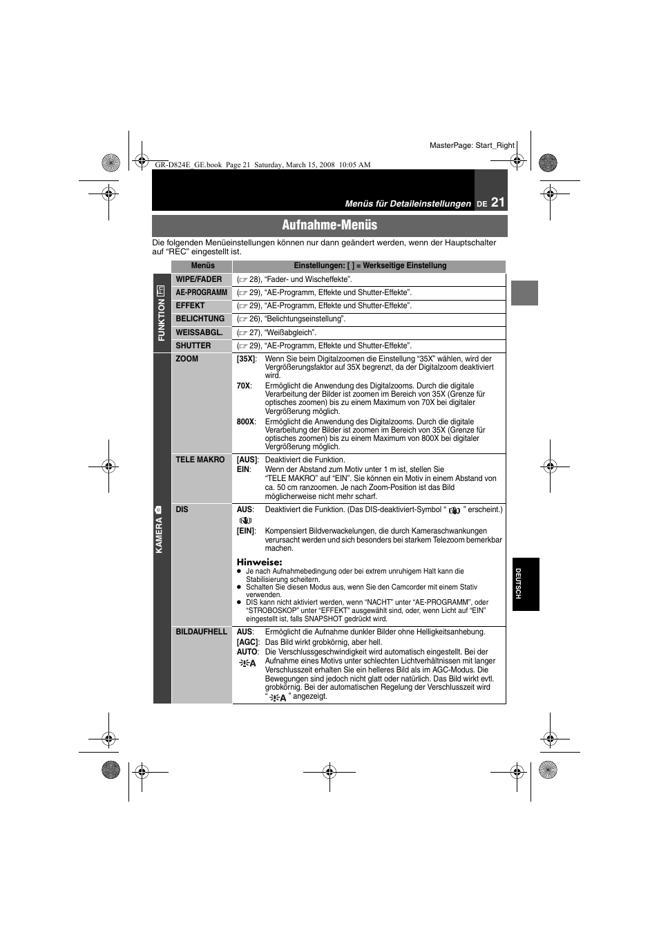 Aufnahme-menüs | JVC GR-D824 User Manual | Page 21 / 120