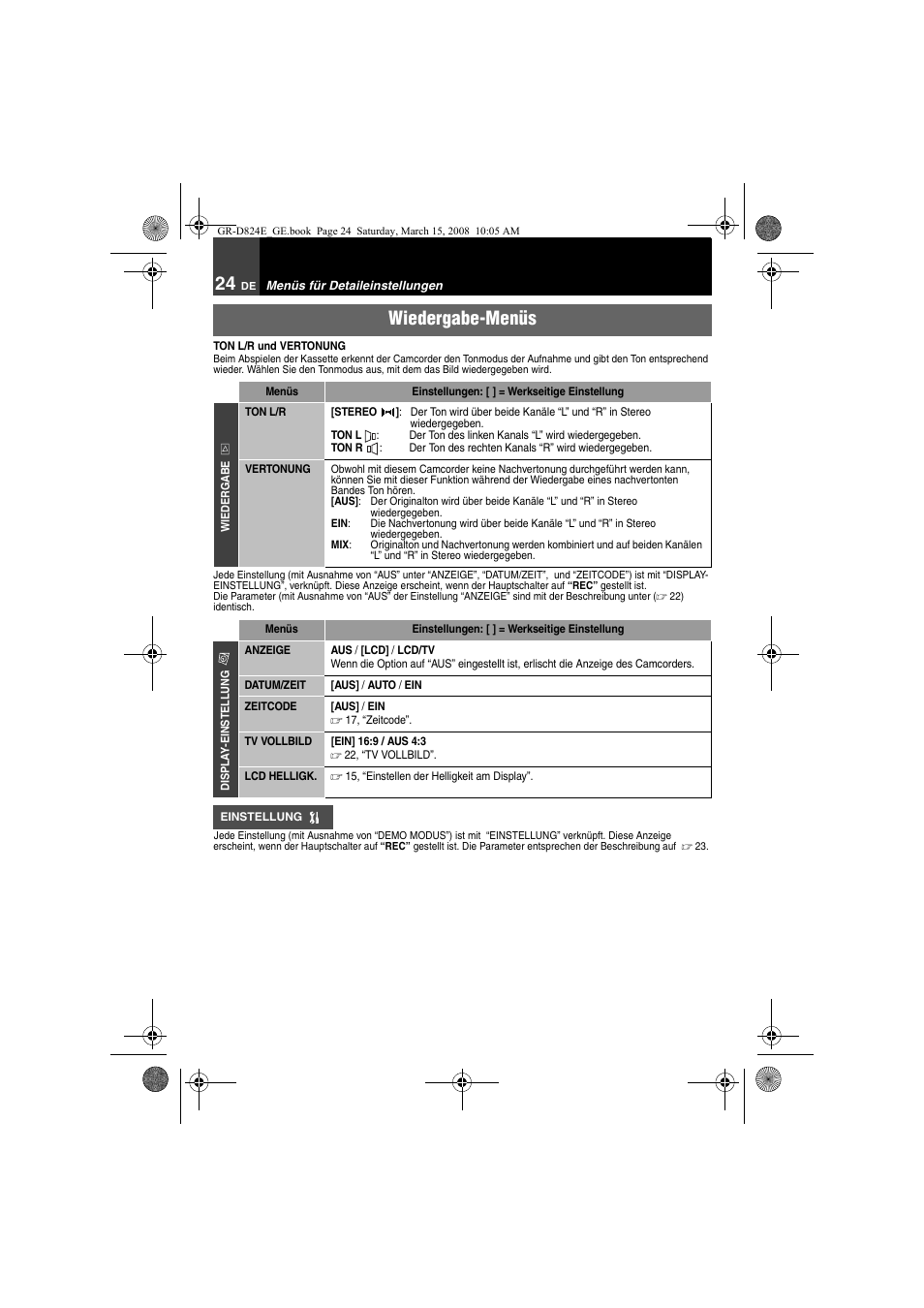 Wiedergabe-menüs | JVC GR-D824 User Manual | Page 24 / 120