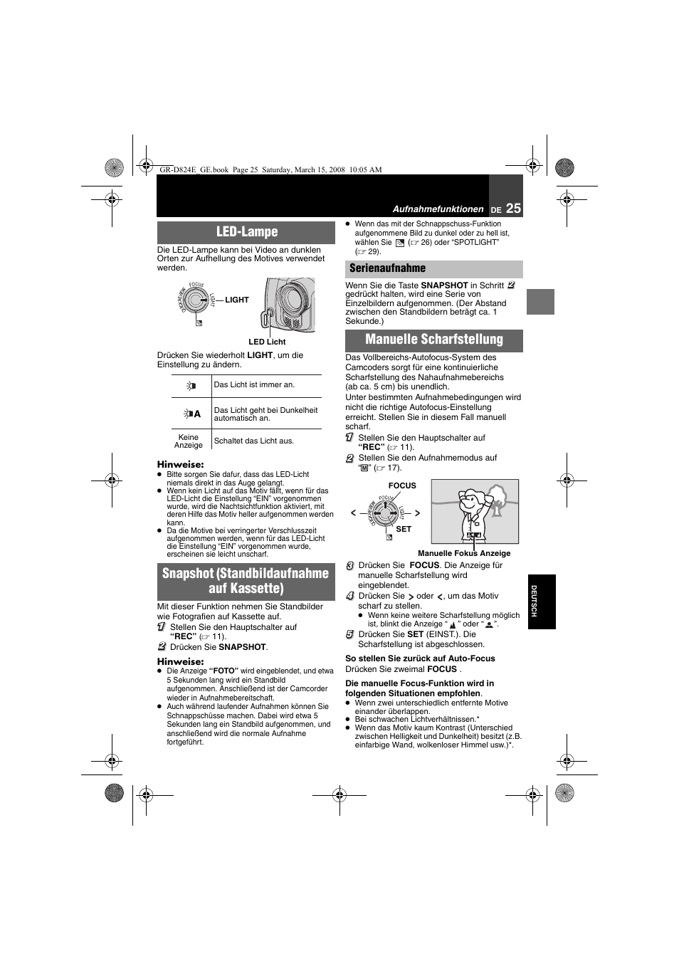 Aufnahmefunktionen, Led-lampe, 25 manuelle scharfstellung | Manuelle scharfstellung | JVC GR-D824 User Manual | Page 25 / 120