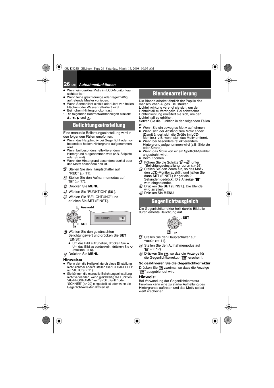 Belichtungseinstellung, 26 blendenarretierung, 26 gegenlichtausgleich | 26) oder “spo, Blendenarretierung gegenlichtausgleich | JVC GR-D824 User Manual | Page 26 / 120