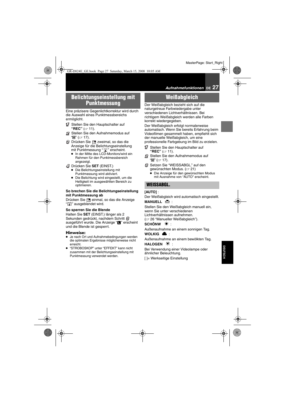 27 weißabgleich, Belichtungseinstellung mit punktmessung, Weißabgleich | JVC GR-D824 User Manual | Page 27 / 120