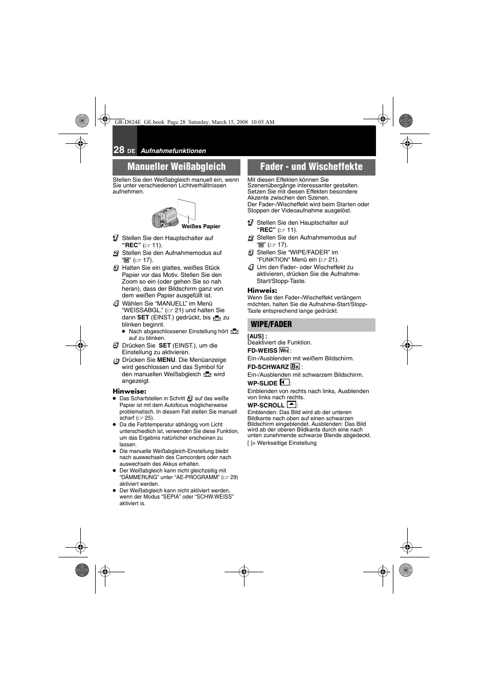 Manueller weißabgleich, 28 fader - und wischeffekte, Fader - und wischeffekte | JVC GR-D824 User Manual | Page 28 / 120