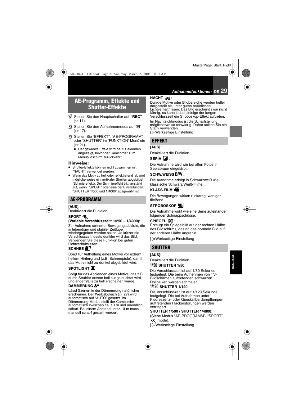 Chnee, 29) e, Ae-programm, effekte und shutter-effekte | JVC GR-D824 User Manual | Page 29 / 120