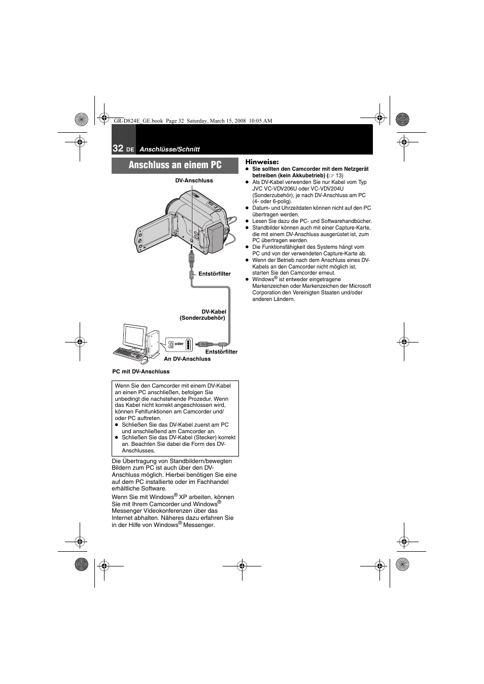 Anschluss an einem pc | JVC GR-D824 User Manual | Page 32 / 120