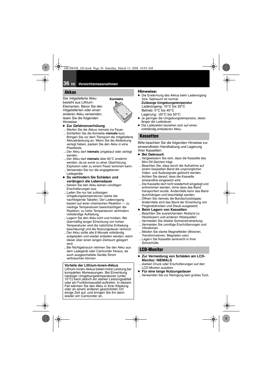 Vorsichtsmassnahmen, Akkus, Kassetten lcd-monitor | JVC GR-D824 User Manual | Page 36 / 120