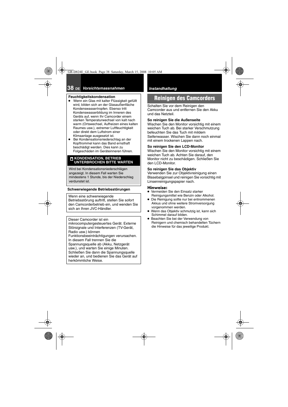 Instandhaltung, Reinigen des camcorders | JVC GR-D824 User Manual | Page 38 / 120