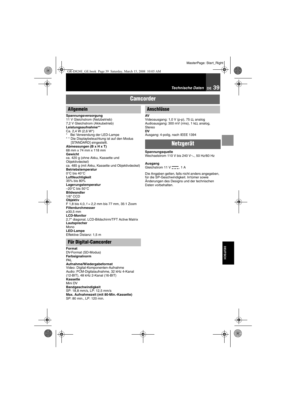 Technische daten, Camcorder, Netzgerät | JVC GR-D824 User Manual | Page 39 / 120