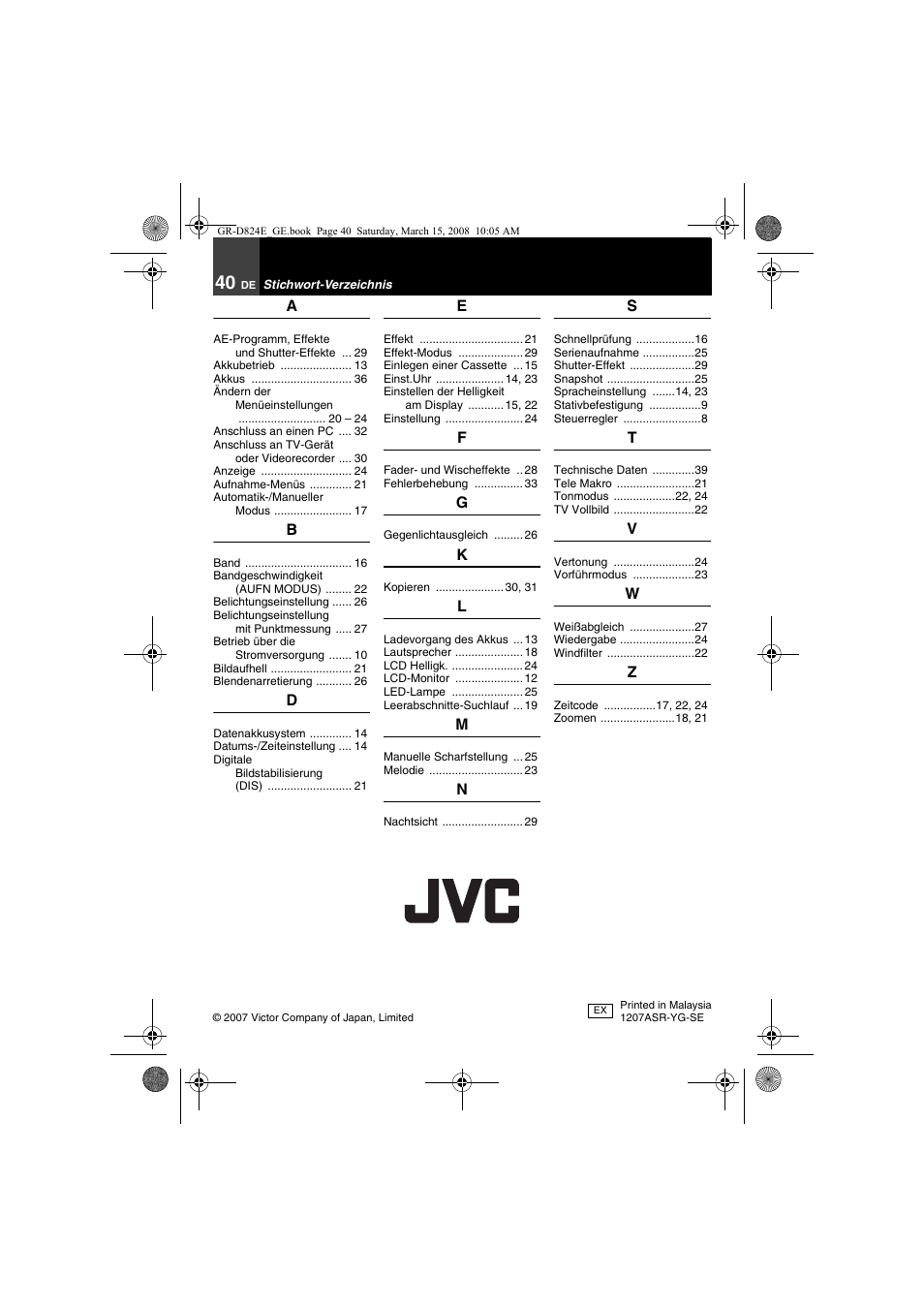 Stichwort-verzeichnis | JVC GR-D824 User Manual | Page 40 / 120