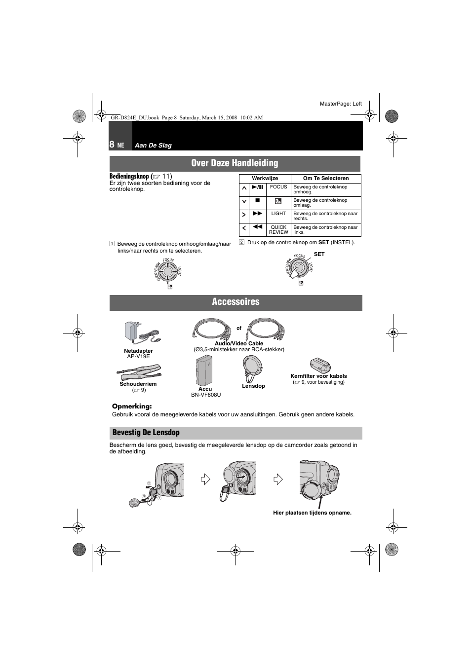 Aan de slag, Nnen, Over deze handleiding | 8 accessoires, Bevestig de lensdop, Accessoires | JVC GR-D824 User Manual | Page 48 / 120