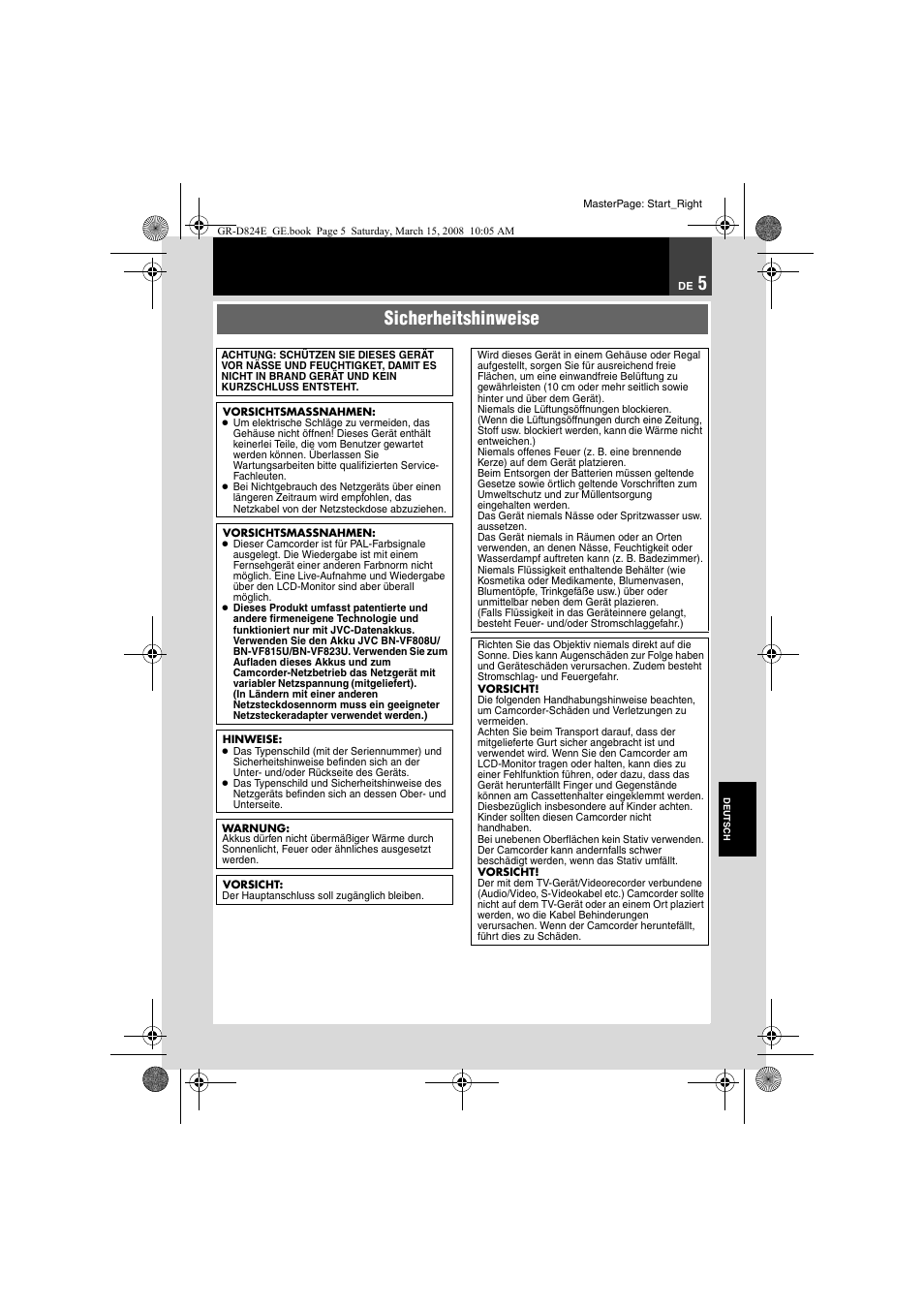 Sicherheitshinweise | JVC GR-D824 User Manual | Page 5 / 120