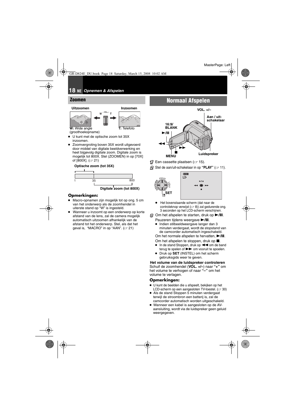 Zoomen, Normaal afspelen | JVC GR-D824 User Manual | Page 58 / 120