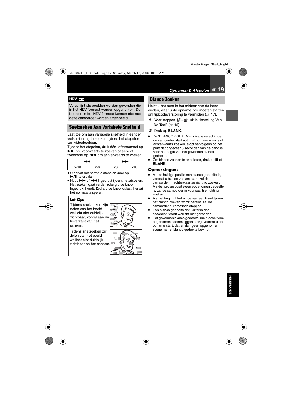 Snelzoeken aan variabele snelheid, 19 blanco zoeken, 19) o | JVC GR-D824 User Manual | Page 59 / 120