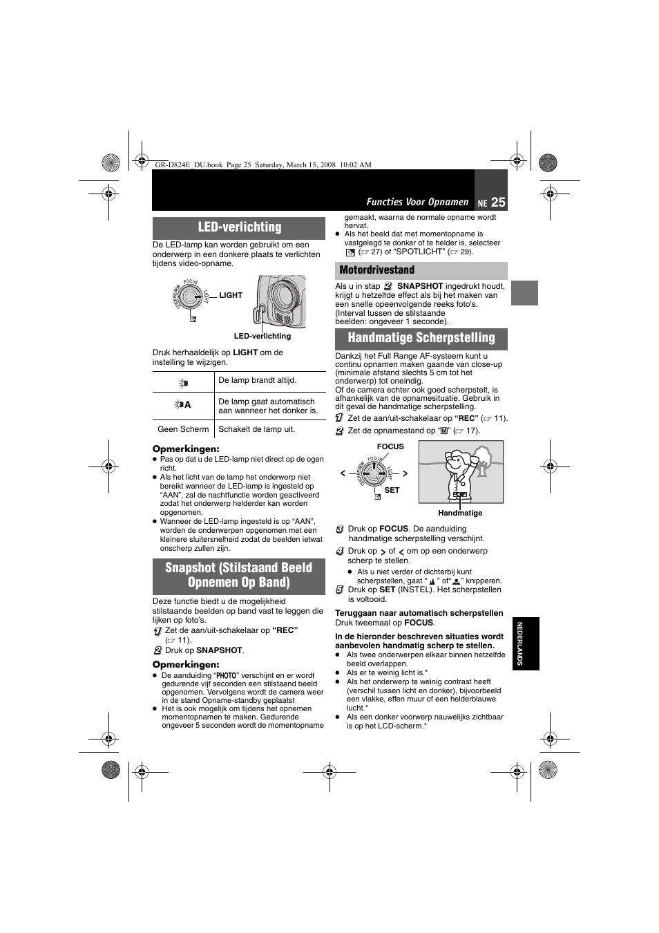 Functies voor opnamen, Led-verlichting, 25 handmatige scherpstelling | Snapshot (stilstaand beeld opnemen op band), Handmatige scherpstelling | JVC GR-D824 User Manual | Page 65 / 120