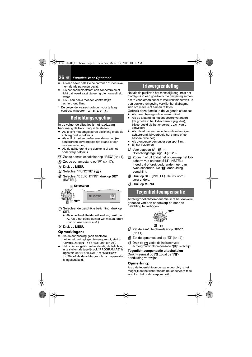 Belichtingsregeling, 26 irisvergrendeling, 26 tegenlichtcompensatie | Irisvergrendeling tegenlichtcompensatie | JVC GR-D824 User Manual | Page 66 / 120