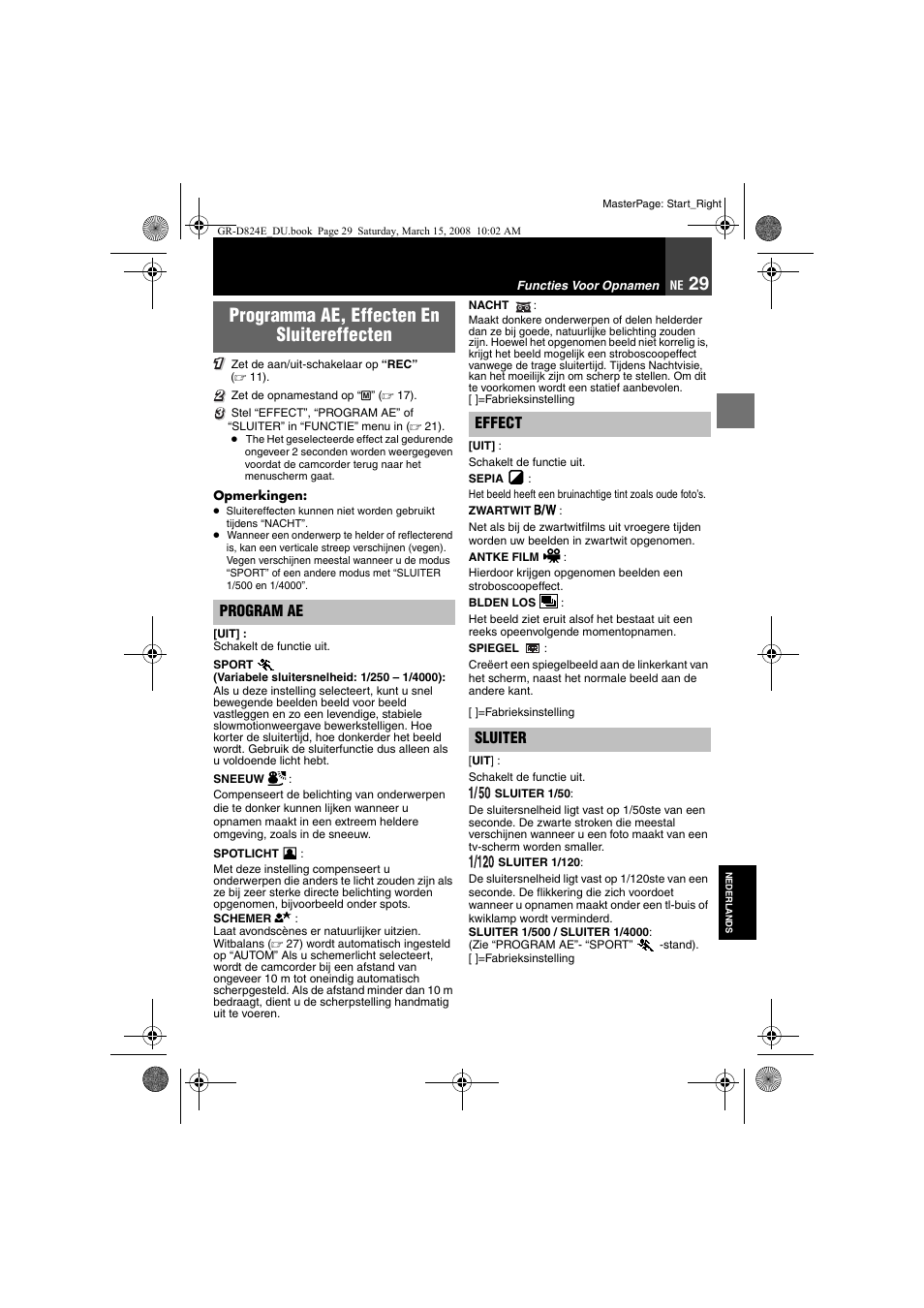 Programma ae, effecten en sluitereffecten, Mma ae-stand, 29) w | JVC GR-D824 User Manual | Page 69 / 120