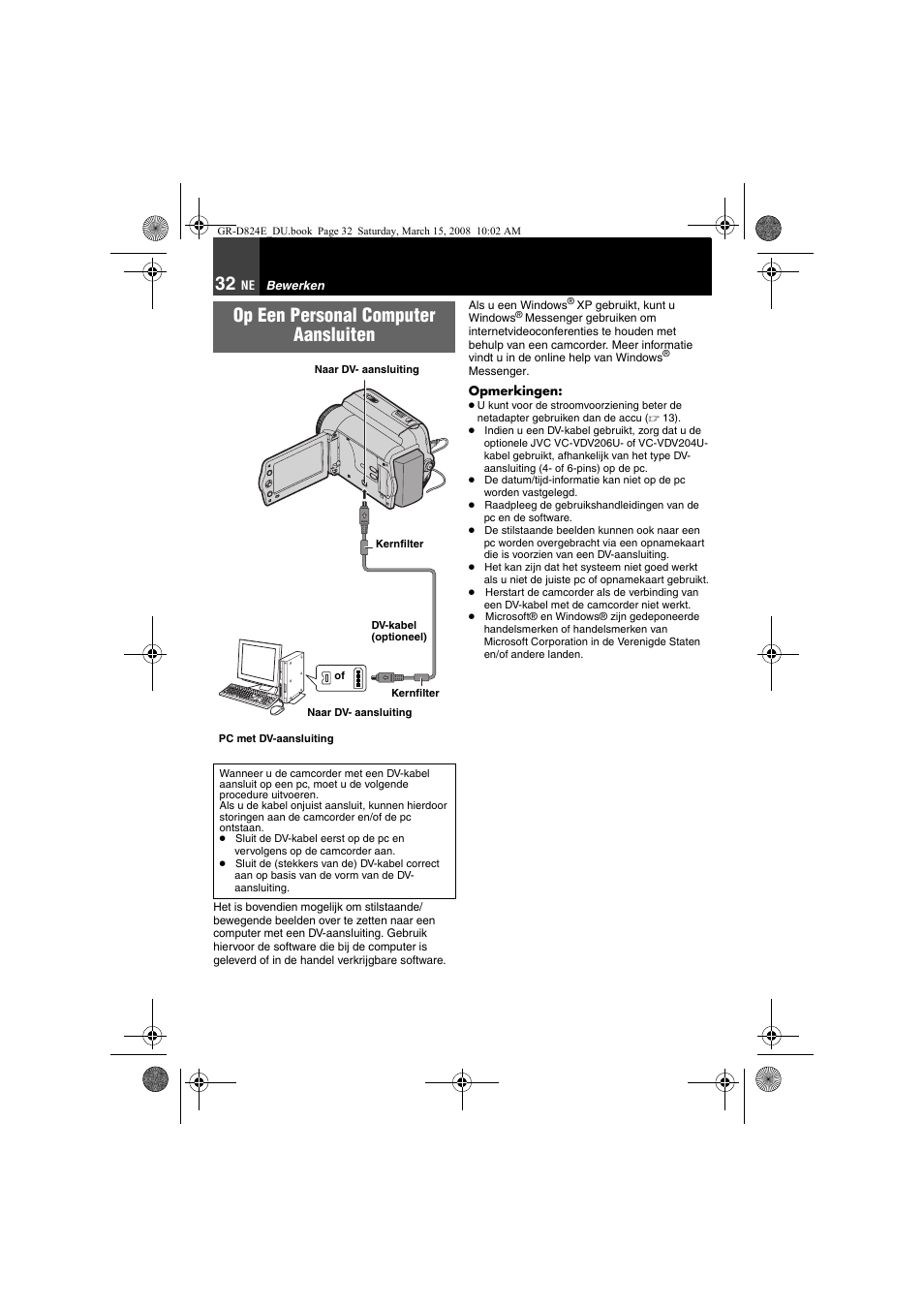 Op een personal computer aansluiten | JVC GR-D824 User Manual | Page 72 / 120