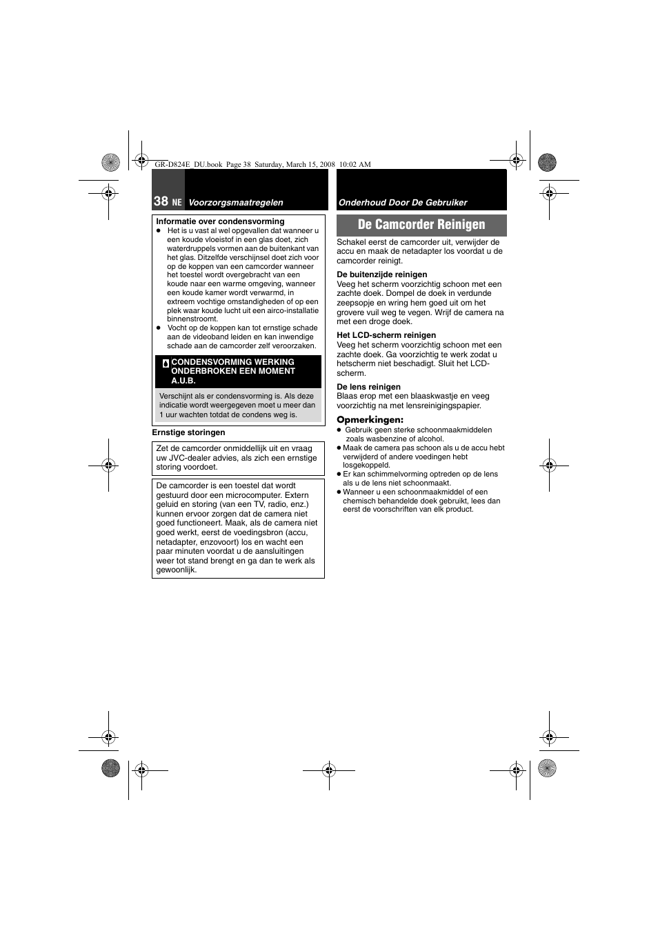 Onderhoud door de gebruiker, De camcorder reinigen | JVC GR-D824 User Manual | Page 78 / 120