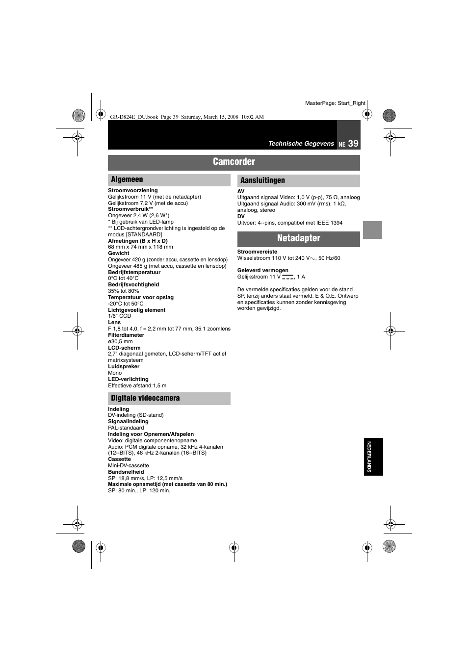 Technische gegevens, Camcorder, Netadapter | JVC GR-D824 User Manual | Page 79 / 120