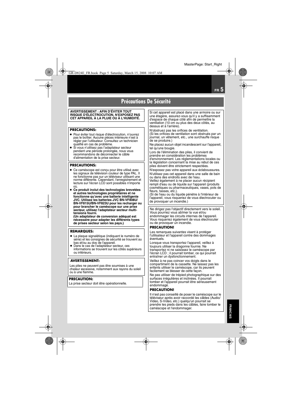 Précautions de sécurité | JVC GR-D824 User Manual | Page 85 / 120