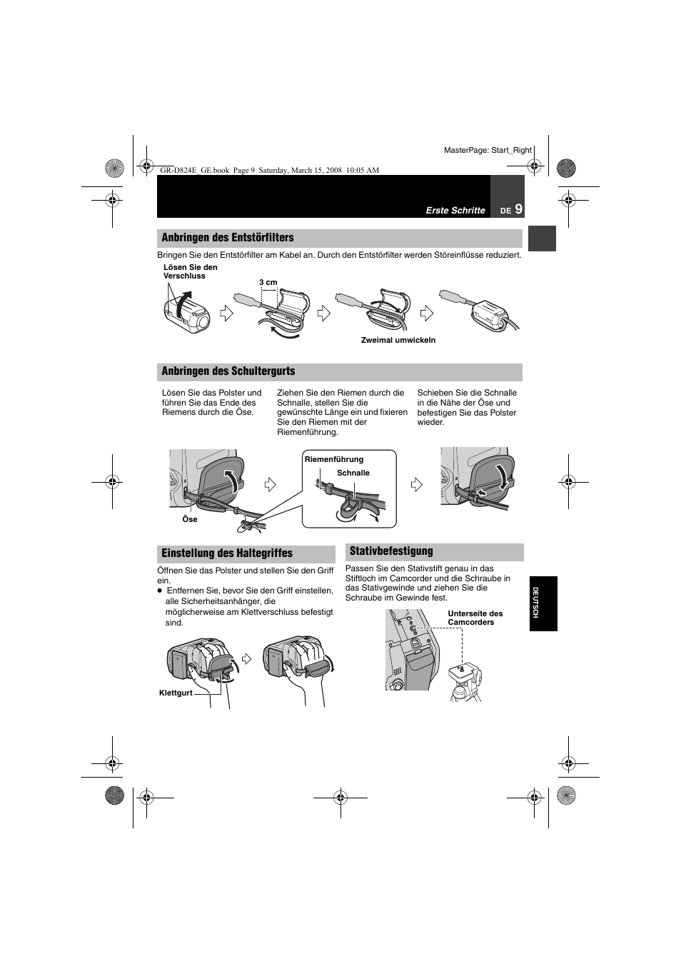 Anbringen des entstörfilters, 9 anbringen des schultergurts, 9 einstellung des haltegriffes | 9 stativbefestigung | JVC GR-D824 User Manual | Page 9 / 120