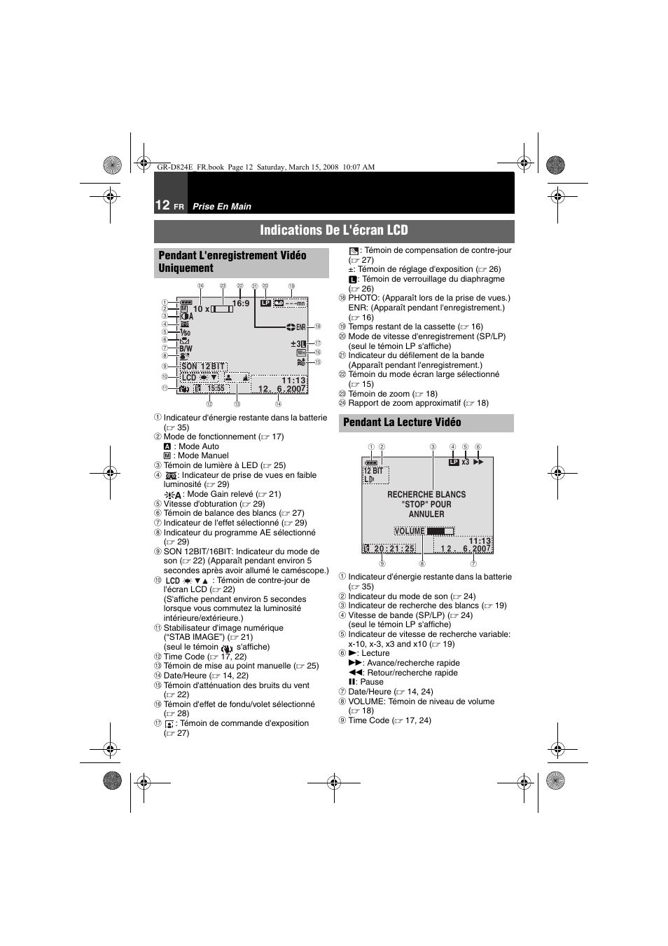 Indications de l'écran lcd | JVC GR-D824 User Manual | Page 92 / 120