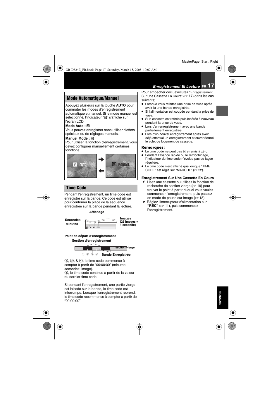 Mode automatique/manuel, 17 time code, Enregistrement sur une cassette en cours | Time code | JVC GR-D824 User Manual | Page 97 / 120